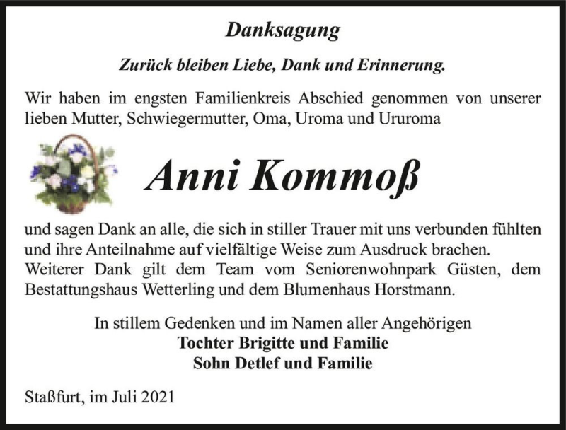  Traueranzeige für Anni Kommoß  vom 24.07.2021 aus Magdeburger Volksstimme
