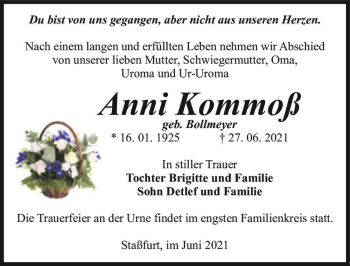 Traueranzeige von Anni Kommoß (geb. Bollmeyer)  von Magdeburger Volksstimme