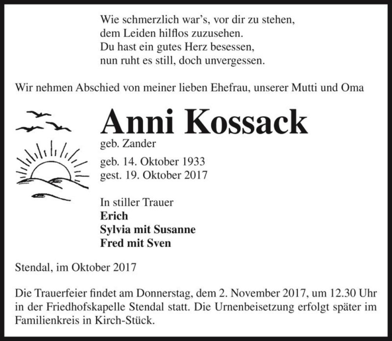  Traueranzeige für Anni Kossack (geb. Zander)  vom 26.10.2017 aus Magdeburger Volksstimme