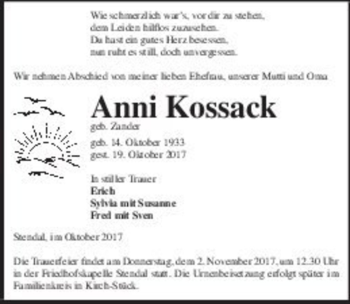 Traueranzeige von Anni Kossack (geb. Zander)  von Magdeburger Volksstimme