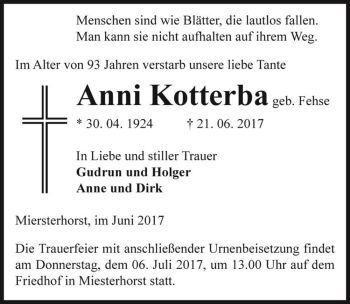 Traueranzeige von Anni Kotterba (geb. Fehse)  von Magdeburger Volksstimme
