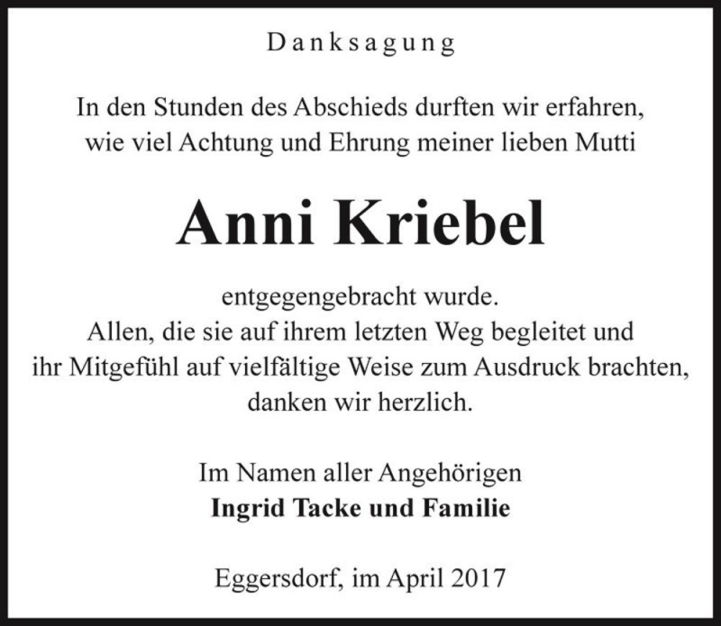  Traueranzeige für Anni Kriebel  vom 06.05.2017 aus Magdeburger Volksstimme