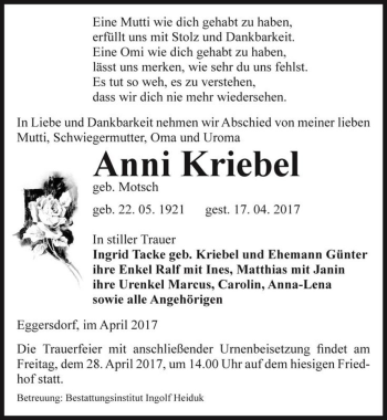 Traueranzeige von Anni Kriebel (geb. Motsch)  von Magdeburger Volksstimme
