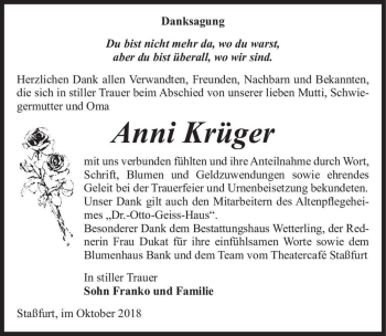 Traueranzeige von Anni Krüger  von Magdeburger Volksstimme