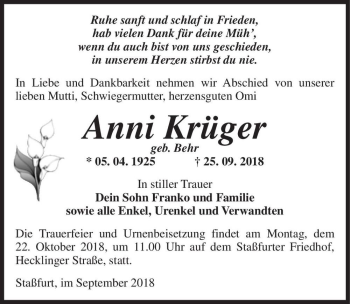 Traueranzeige von Anni Krüger (geb. Behr)  von Magdeburger Volksstimme