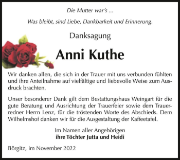 Traueranzeige von Anni Kuthe  von Magdeburger Volksstimme