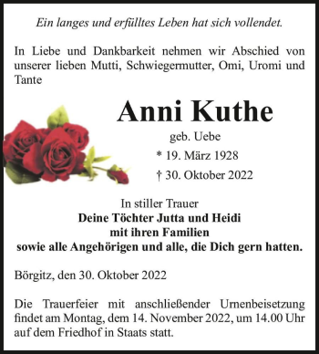 Traueranzeige von Anni Kuthe (geb. Uebe)  von Magdeburger Volksstimme