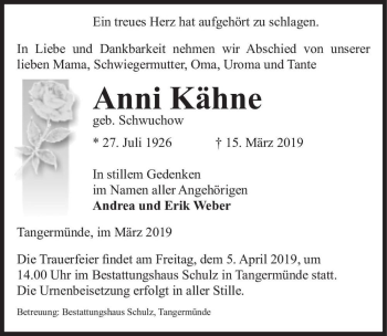 Traueranzeige von Anni Kähne (geb. Schwuchow)  von Magdeburger Volksstimme