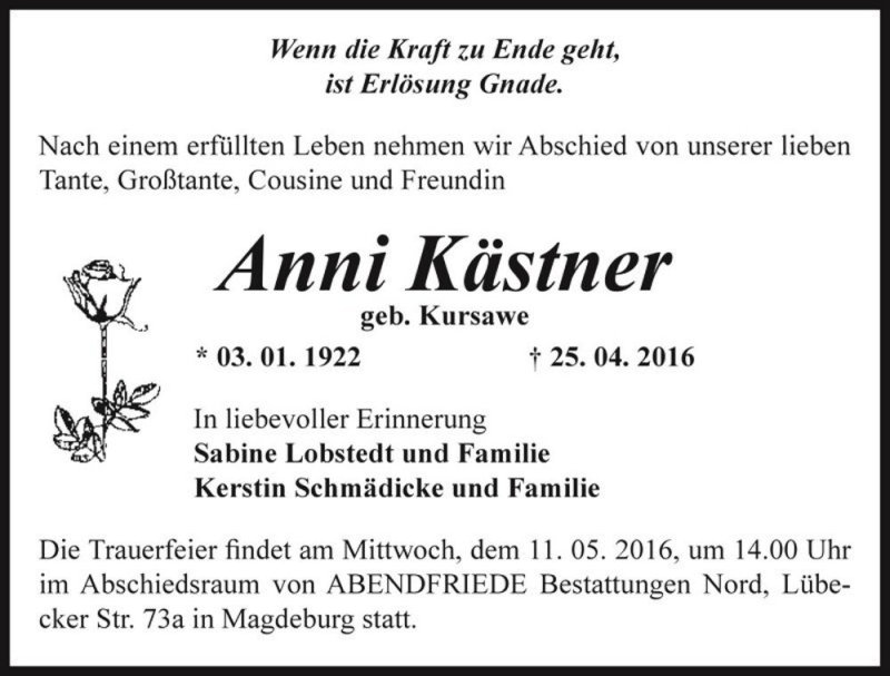  Traueranzeige für Anni Kästner (geb. Kursawe)  vom 30.04.2016 aus Magdeburger Volksstimme