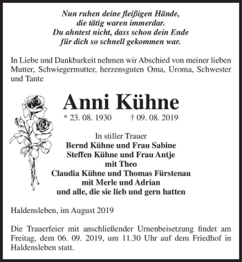 Traueranzeige von Anni Kühne  von Magdeburger Volksstimme