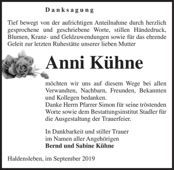 Traueranzeige von Anni Kühne  von Magdeburger Volksstimme
