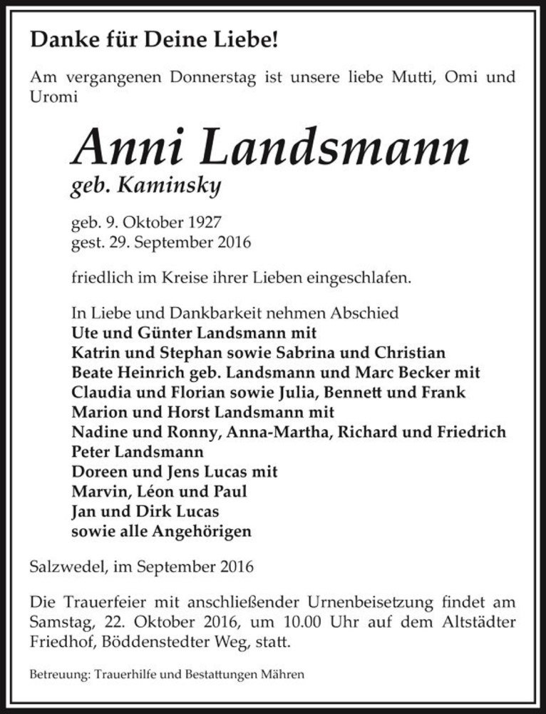  Traueranzeige für Anni Landsmann (geb. Kaminsky)  vom 06.10.2016 aus Magdeburger Volksstimme