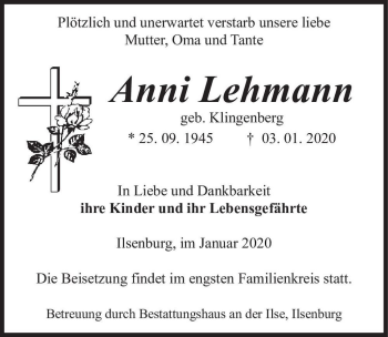 Traueranzeige von Anni Lehmann (geb. Klingenberg)  von Magdeburger Volksstimme