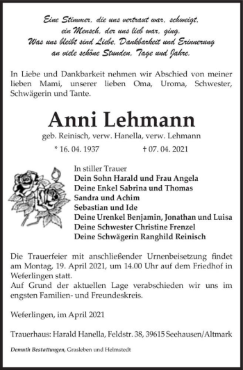 Traueranzeige von Anni Lehmann (geb. Reinisch, verw. Hanella, verw. Lehmann)  von Magdeburger Volksstimme