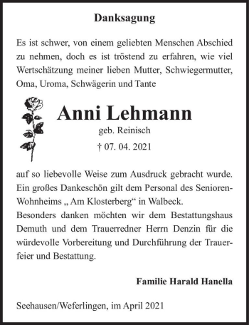 Traueranzeige von Anni Lehmann (geb. Reinisch)  von Magdeburger Volksstimme