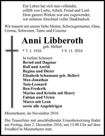 Traueranzeige von Anni Libberoth (geb. Hellert)  von Magdeburger Volksstimme