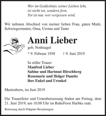 Traueranzeige von Anni Lieber (geb. Nothnagel)  von Magdeburger Volksstimme