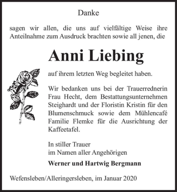 Traueranzeige von Anni Liebing  von Magdeburger Volksstimme