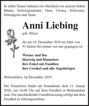Traueranzeige von Anni Liebing (geb. Wiese)  von Magdeburger Volksstimme