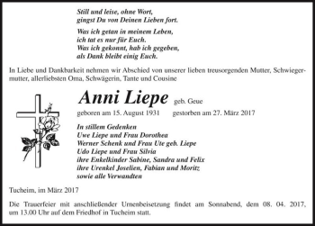 Traueranzeige von Anni Liepe (geb. Geue)  von Magdeburger Volksstimme
