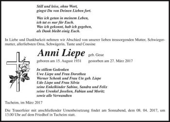 Traueranzeige von Anni Liepe (geb. Geue)  von Magdeburger Volksstimme