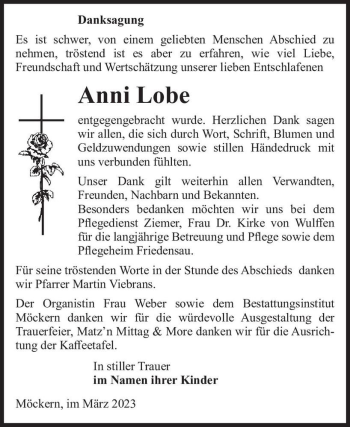 Traueranzeige von Anni Lobe  von Magdeburger Volksstimme