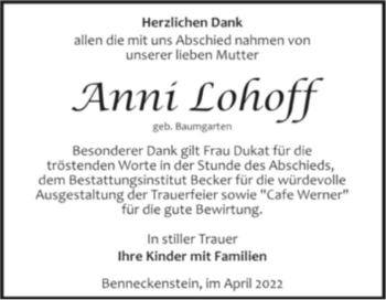 Traueranzeige von Anni Lohoff (geb. Baumgarten)  von Magdeburger Volksstimme