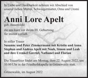 Traueranzeige von Anni Lore Apelt (geb. Bauersfeld)  von Magdeburger Volksstimme