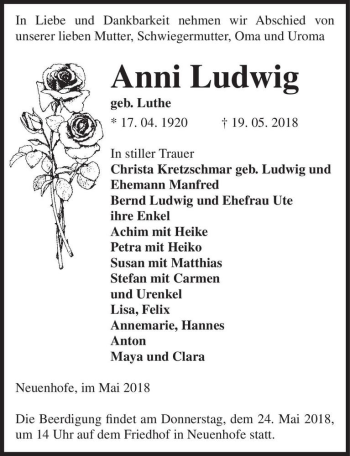 Traueranzeige von Anni Ludwig (geb. Luthe)  von Magdeburger Volksstimme