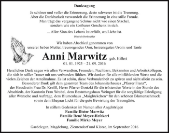 Traueranzeige von Anni Marwitz (geb. Hillert)  von Magdeburger Volksstimme