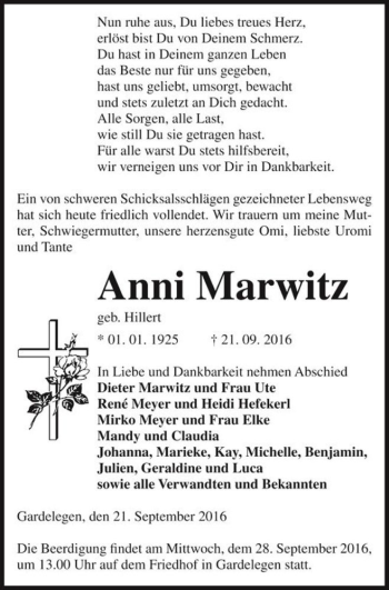 Traueranzeige von Anni Marwitz (geb. Hillert)  von Magdeburger Volksstimme