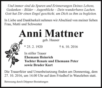 Traueranzeige von Anni Mattner (geb. Hauser)  von Magdeburger Volksstimme