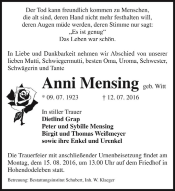 Traueranzeige von Anni Mensing (geb. Witt)  von Magdeburger Volksstimme