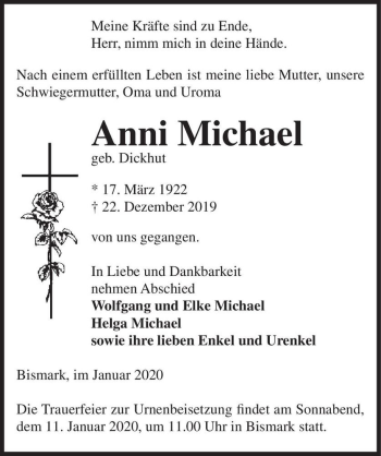 Traueranzeige von Anni Michael (geb. Dickhut)  von Magdeburger Volksstimme