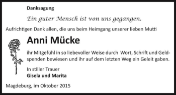 Traueranzeige von Anni Mücke  von Magdeburger Volksstimme