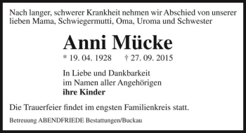 Traueranzeige von Anni Mücke  von Magdeburger Volksstimme