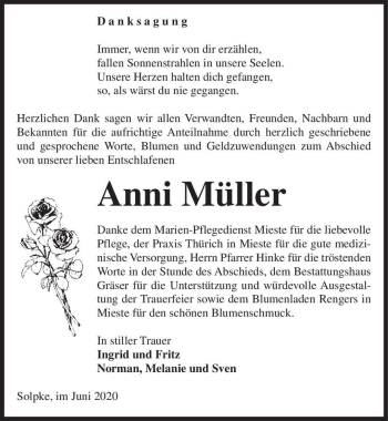 Traueranzeige von Anni Müller  von Magdeburger Volksstimme