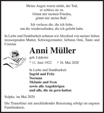 Traueranzeige von Anni Müller (geb. Lüderitz)  von Magdeburger Volksstimme