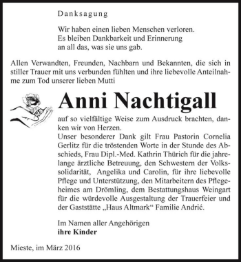 Traueranzeige von Anni Nachtigall  von Magdeburger Volksstimme