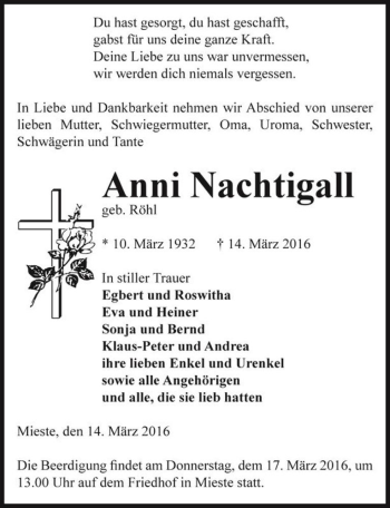 Traueranzeige von Anni Nachtigall (geb. Röhl)  von Magdeburger Volksstimme