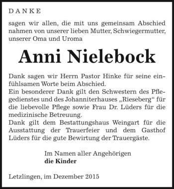 Traueranzeige von Anni Nielebock  von Magdeburger Volksstimme