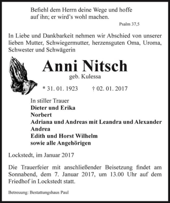 Traueranzeige von Anni Nitsch (geb. Kulessa)  von Magdeburger Volksstimme