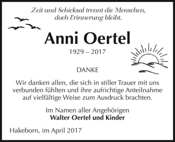 Traueranzeige von Anni Oertel  von Magdeburger Volksstimme