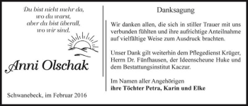 Traueranzeige von Anni Olschak  von Magdeburger Volksstimme