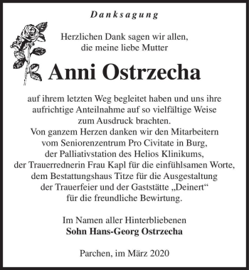 Traueranzeige von Anni Ostrzecha  von Magdeburger Volksstimme