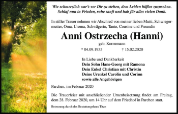 Traueranzeige von Anni Ostrzecha (geb. Kornemann) 