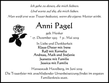 Traueranzeige von Anni Pagel (geb. Henker)  von Magdeburger Volksstimme