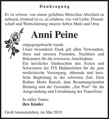 Traueranzeige von Anni Peine  von Magdeburger Volksstimme