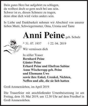 Traueranzeige von Anni Peine (geb. Schulz)  von Magdeburger Volksstimme