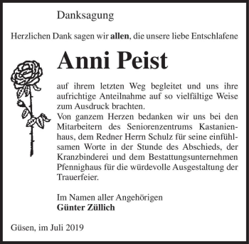 Traueranzeige von Anni Peist  von Magdeburger Volksstimme